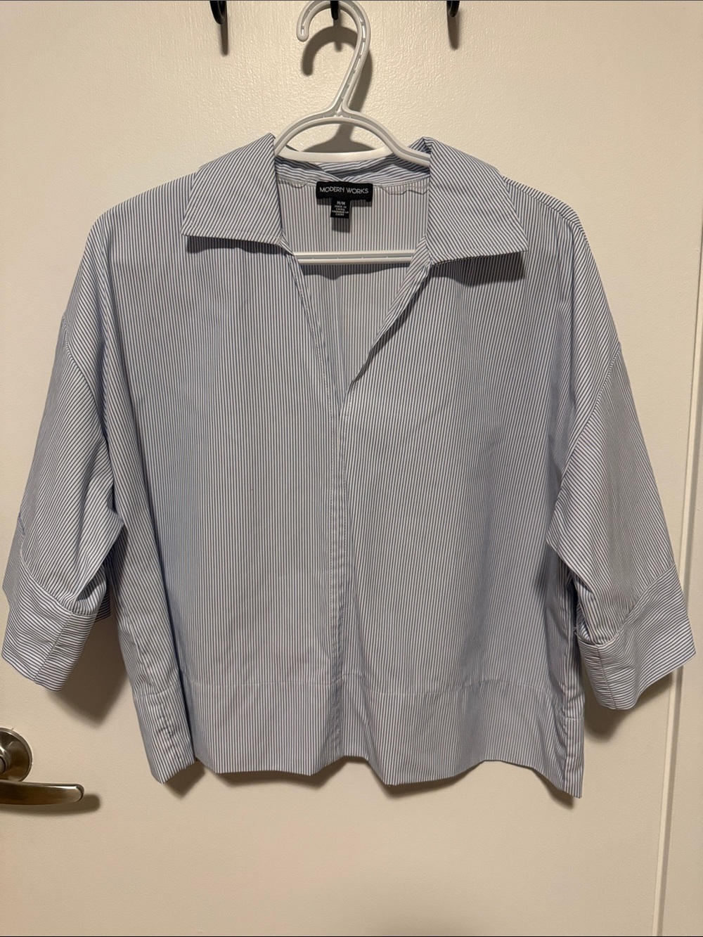 Modern Works Women's Blue Boxy Pinstripe Collared Blouse